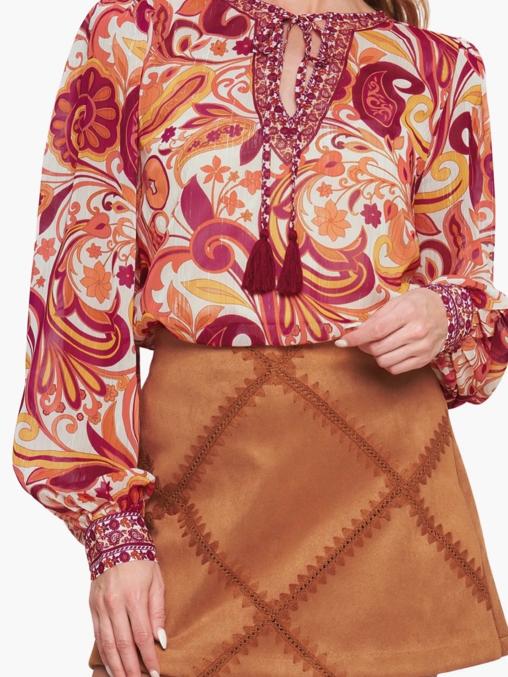 Flying Tomato Paisley Blouse Womens Boho Tassel Tie Sheer Metallic 70s Medium